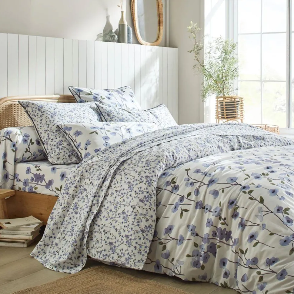 Becquet Linge de lit percale imprimé fleurs bleues - CRÉATION