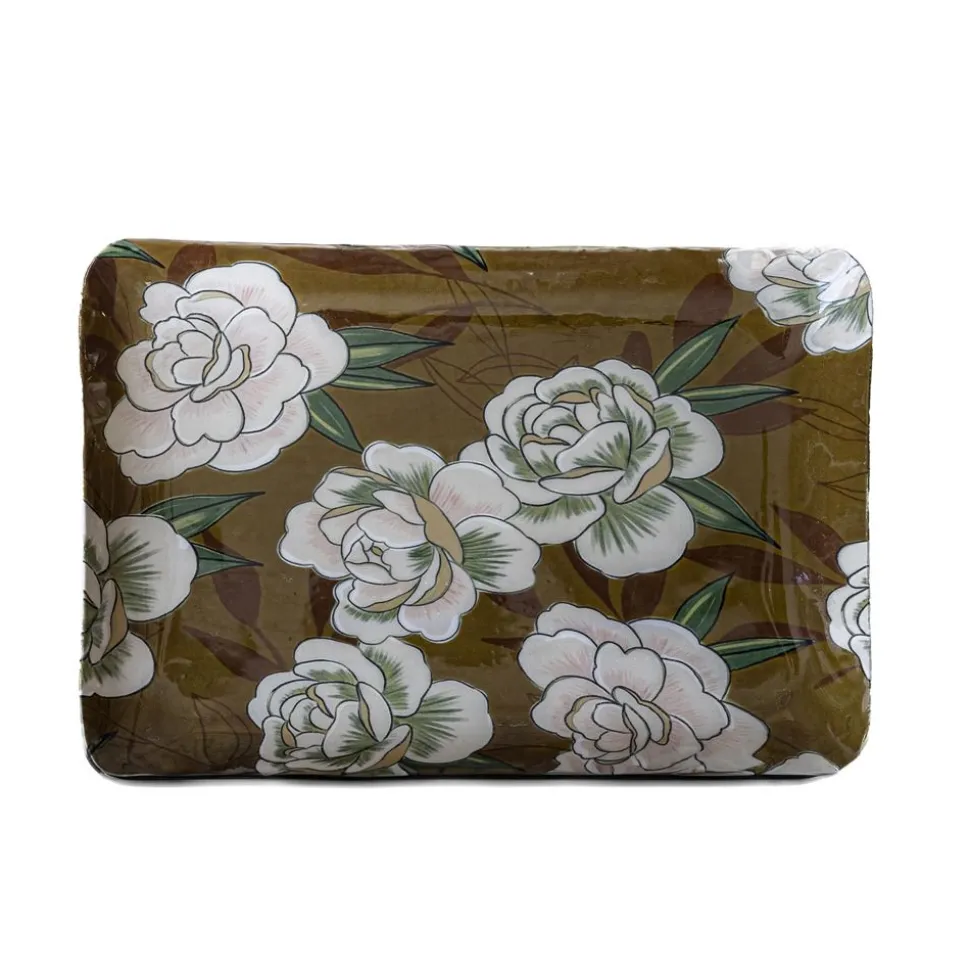 Becquet Petit plateau rectangulaire métal motif fleurs - CRÉATION