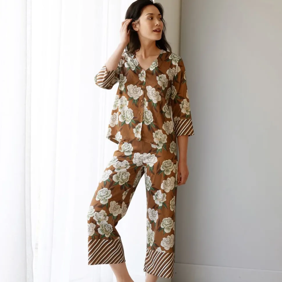 Femme Becquet Pyjama femme satin fleurs japonaises - CRÉATION